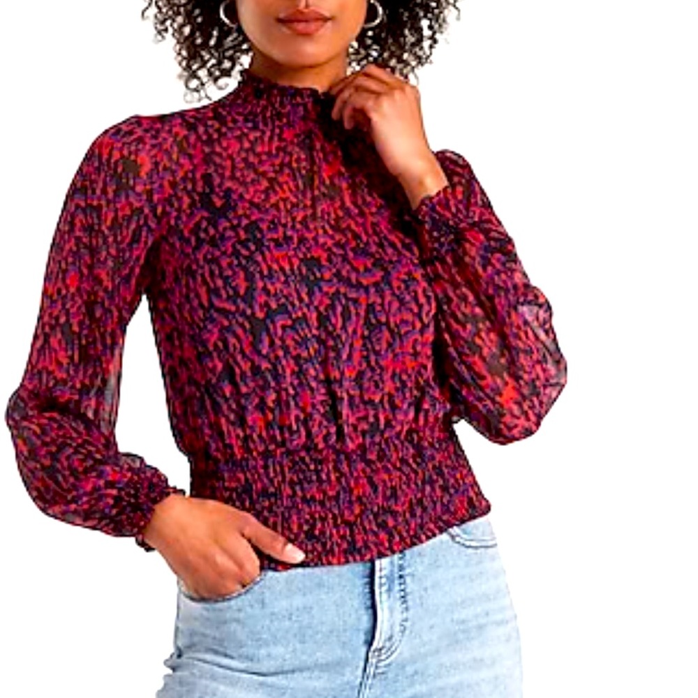 SOLD Express Animal Print Mock Neck Blouse Longsleeve Attached Cami Red / Black - Picture 2 of 2